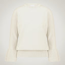 Crew neck sweater with bell cuffs in merino wool and cashmere