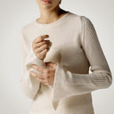 Pure merino wool sweater with wide neckline on the sides and open flared cuff 100% merino wool