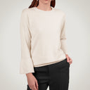 Crew neck sweater with bell cuffs in merino wool and cashmere